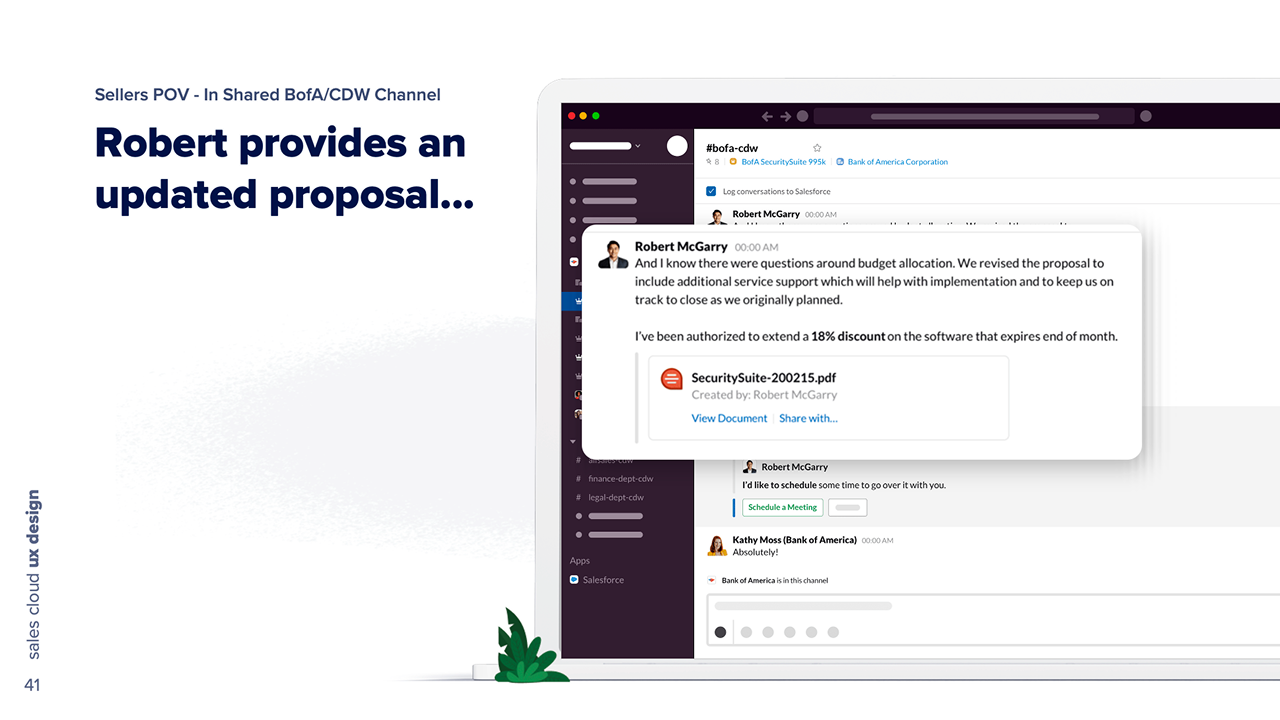 The rep posts the updated proposal into the shared channel, naming the discount and the service support added to answer the budget question.